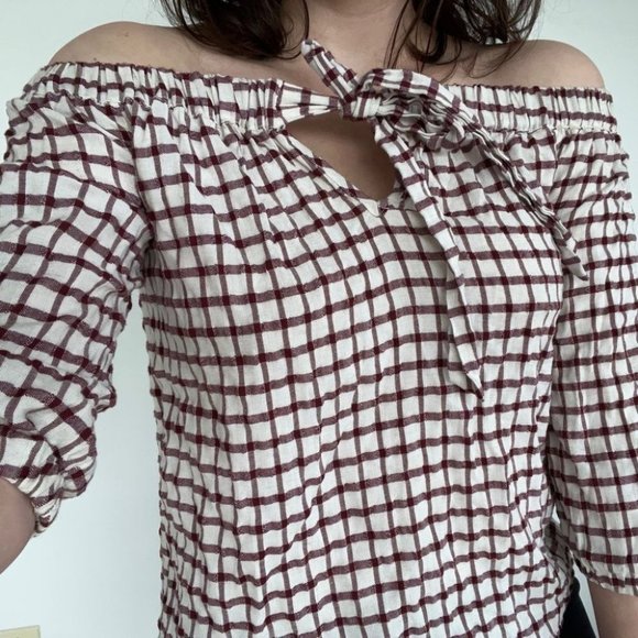 Lumière cotton/linen blend off-the-shoulder gingham tie-front top - Picture 2 of 11